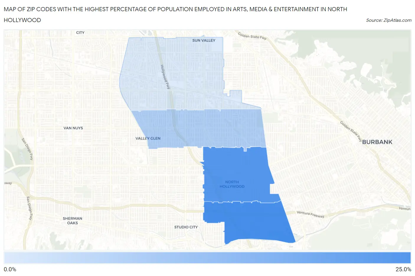 Zip Codes with the Highest Percentage of Population Employed in Arts, Media & Entertainment in North Hollywood Map