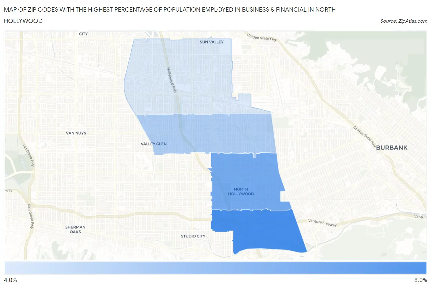 Zip Codes with the Highest Percentage of Population Employed in Business & Financial in North Hollywood Map