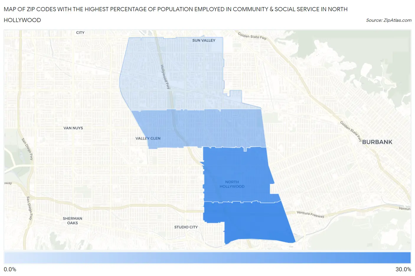 Zip Codes with the Highest Percentage of Population Employed in Community & Social Service  in North Hollywood Map