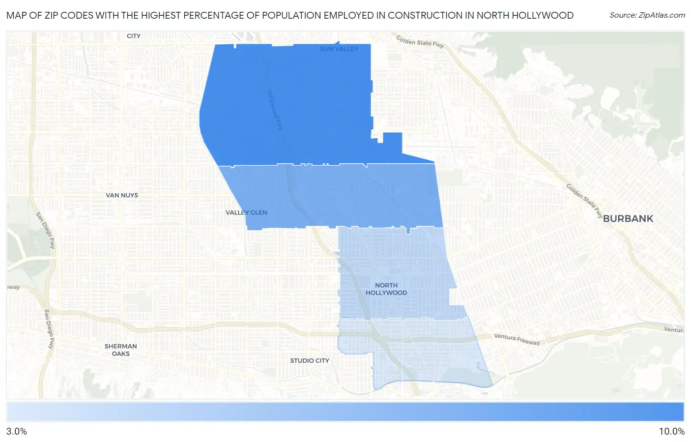 Zip Codes with the Highest Percentage of Population Employed in Construction in North Hollywood Map