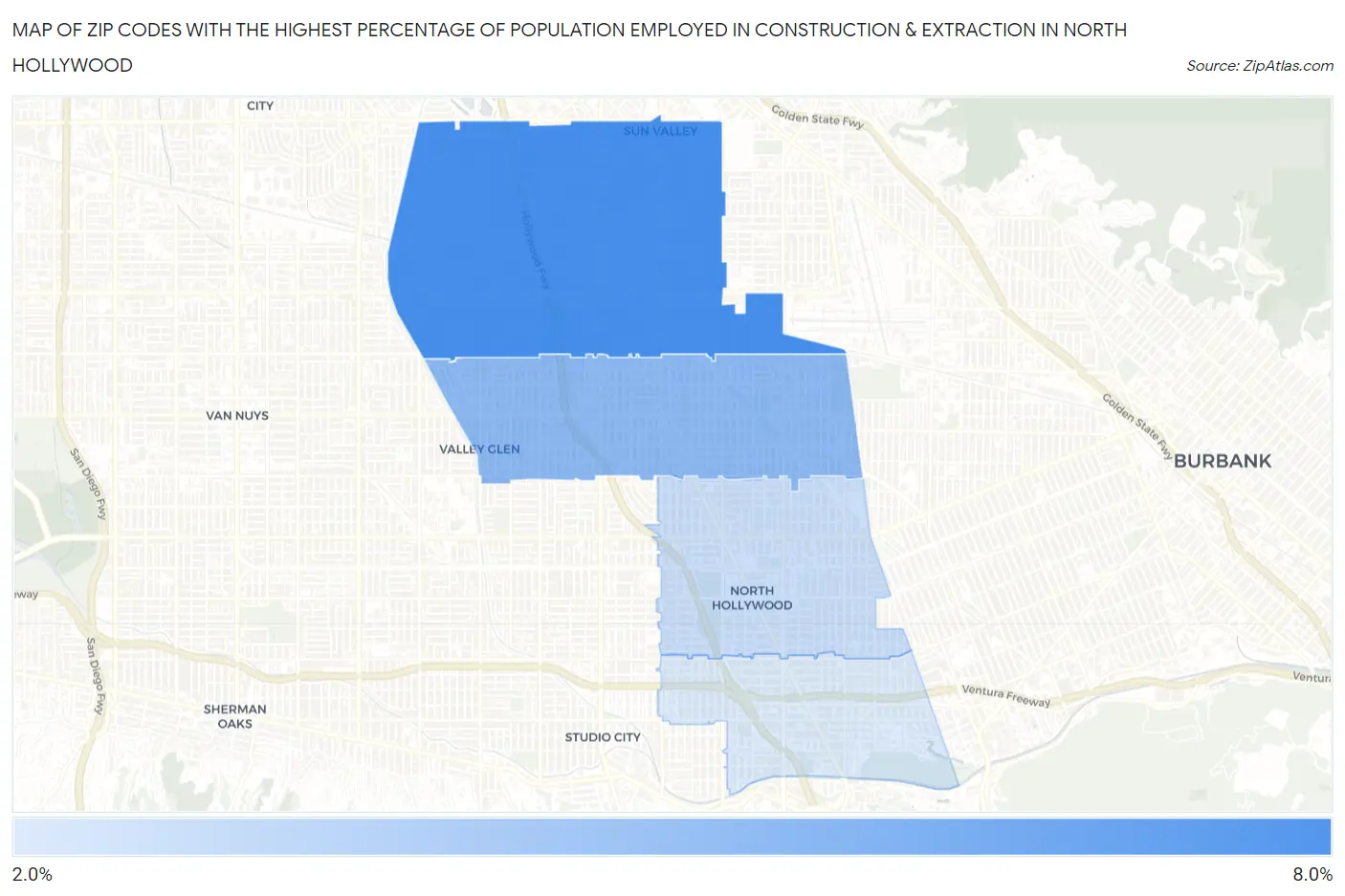 Zip Codes with the Highest Percentage of Population Employed in Construction & Extraction in North Hollywood Map