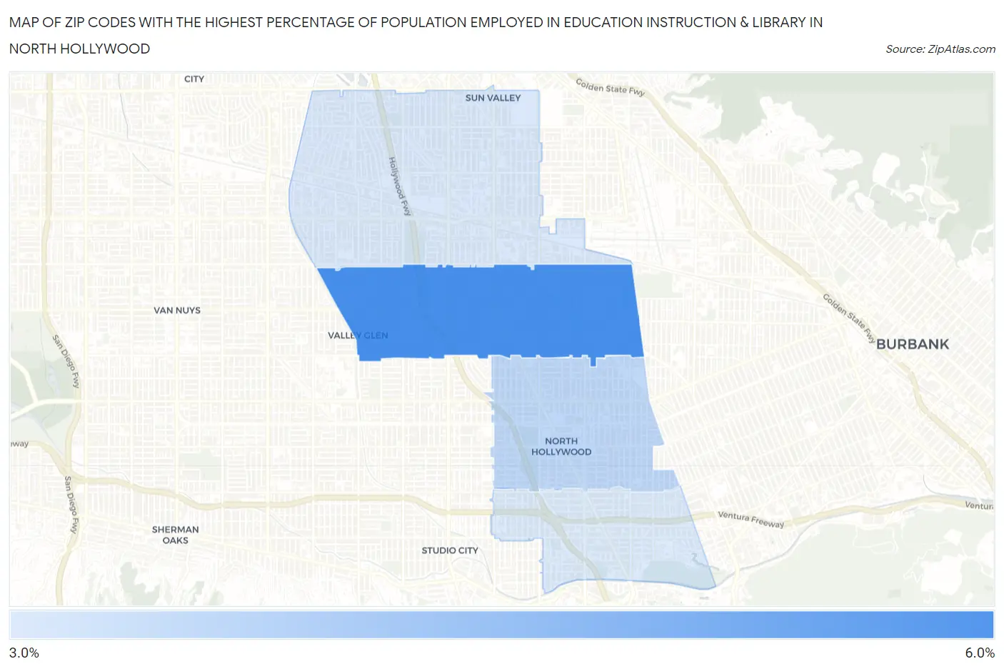 Zip Codes with the Highest Percentage of Population Employed in Education Instruction & Library in North Hollywood Map