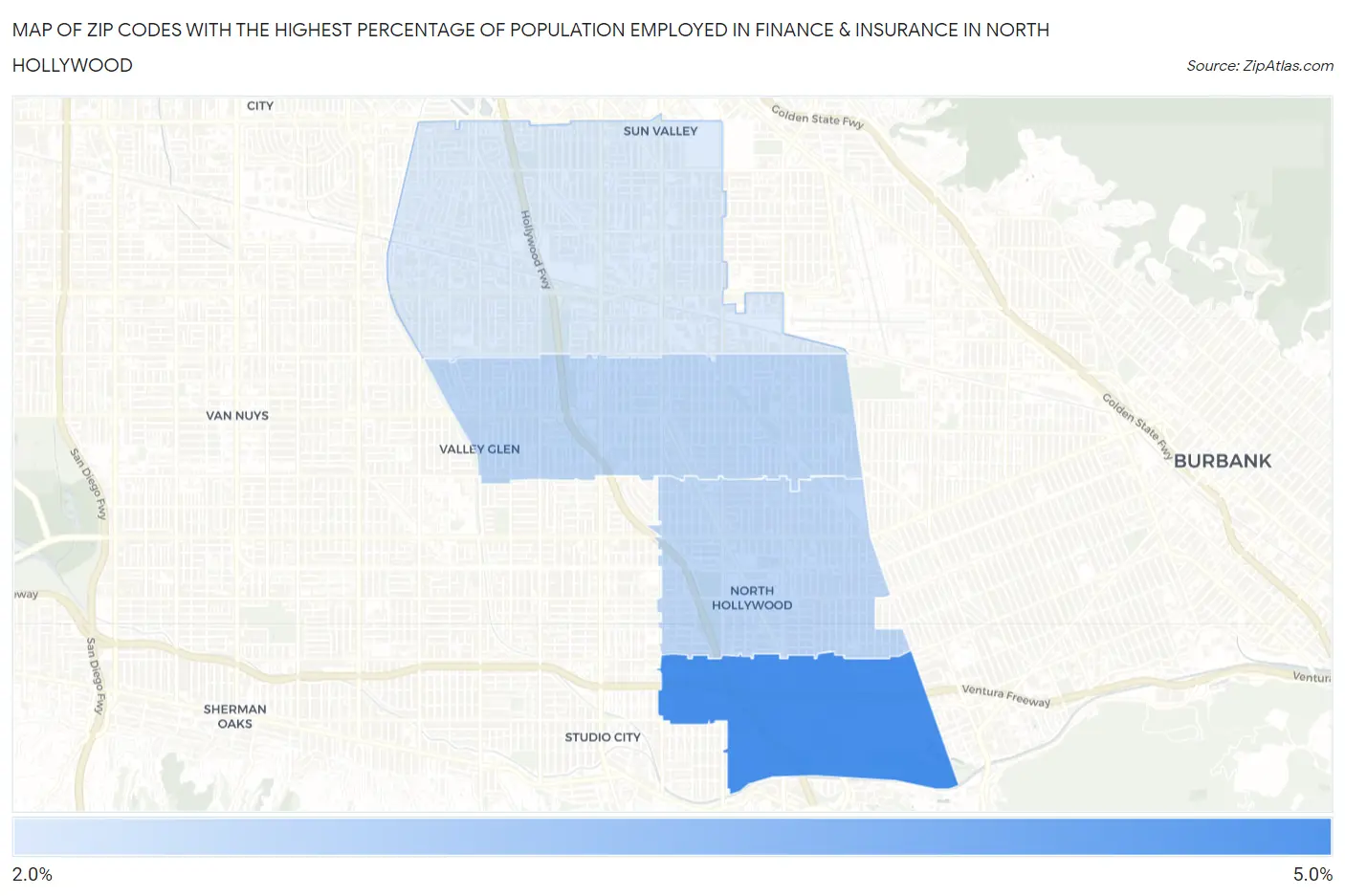 Zip Codes with the Highest Percentage of Population Employed in Finance & Insurance in North Hollywood Map