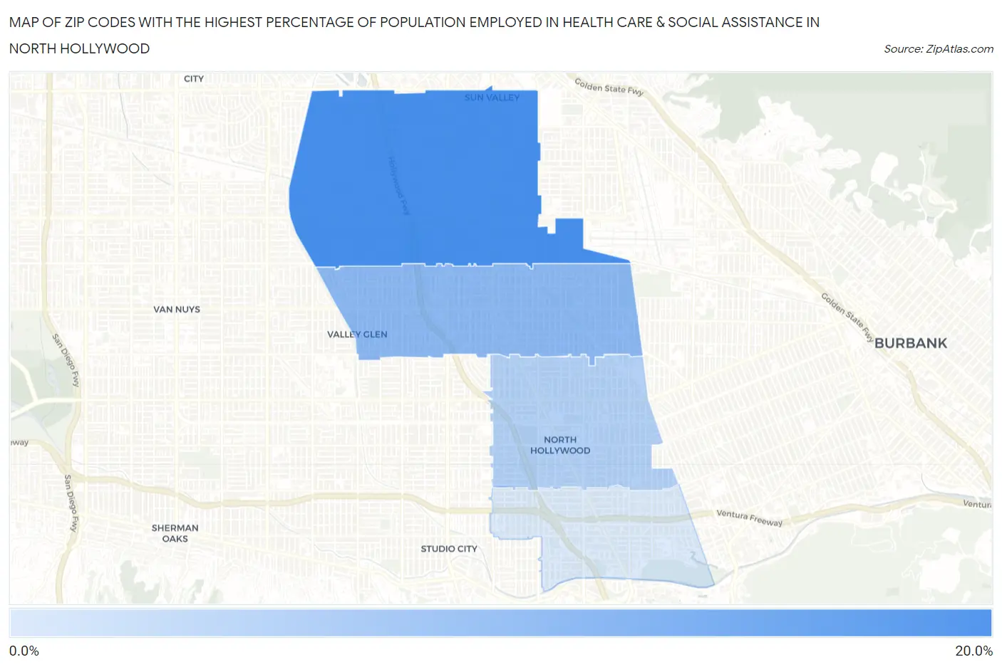 Zip Codes with the Highest Percentage of Population Employed in Health Care & Social Assistance in North Hollywood Map