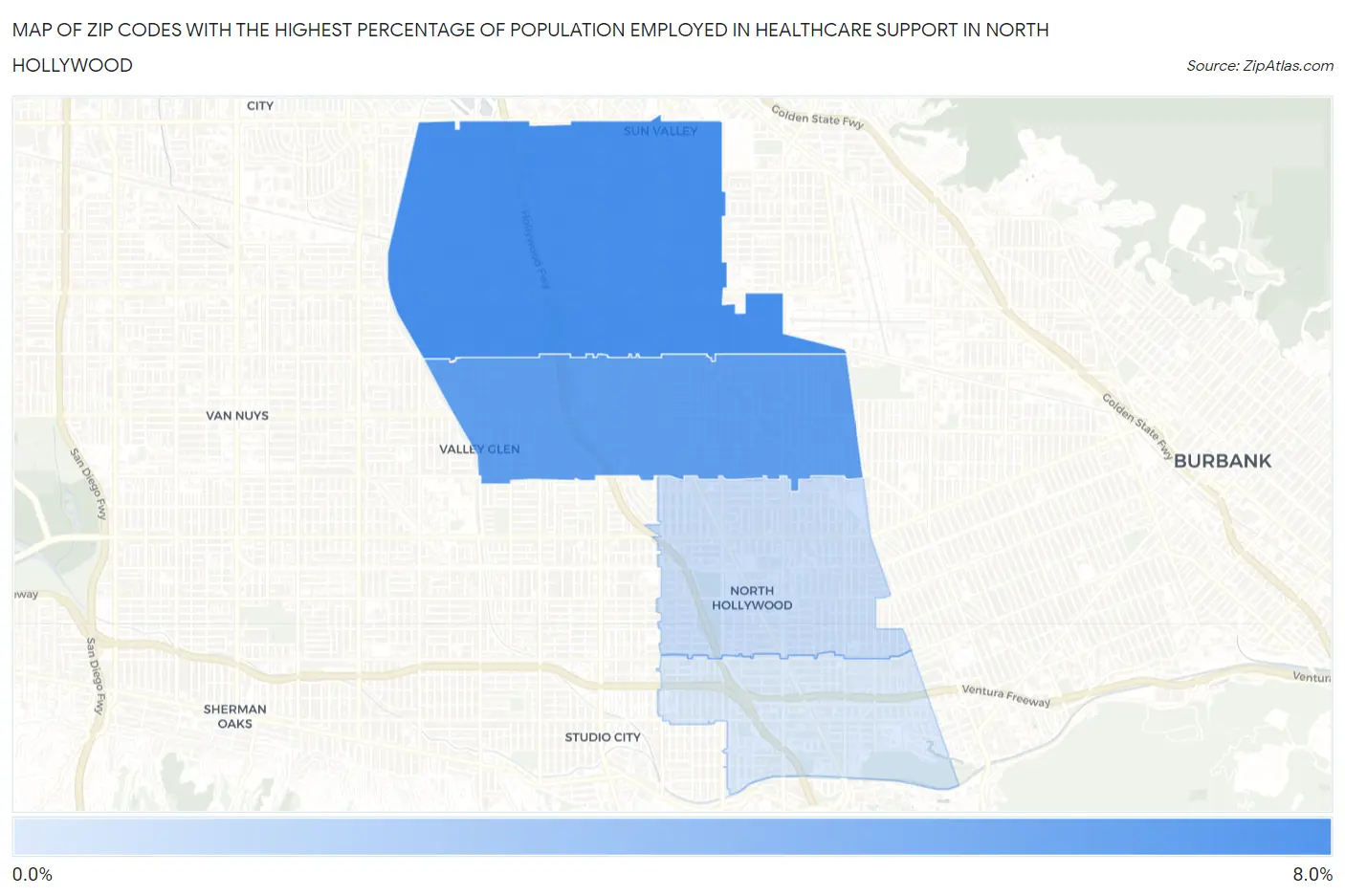 Zip Codes with the Highest Percentage of Population Employed in Healthcare Support in North Hollywood Map