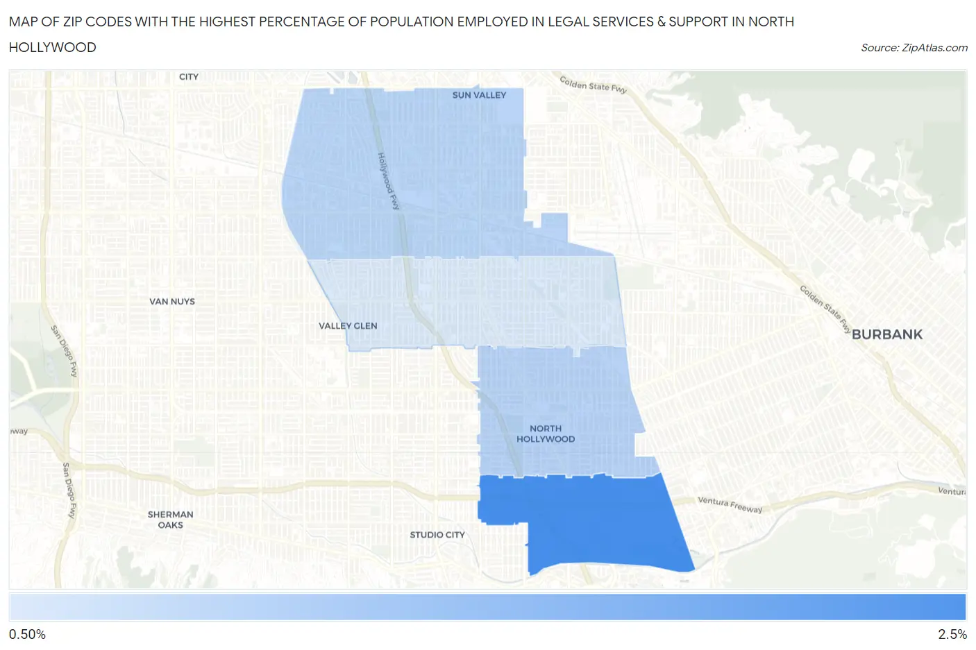 Zip Codes with the Highest Percentage of Population Employed in Legal Services & Support in North Hollywood Map