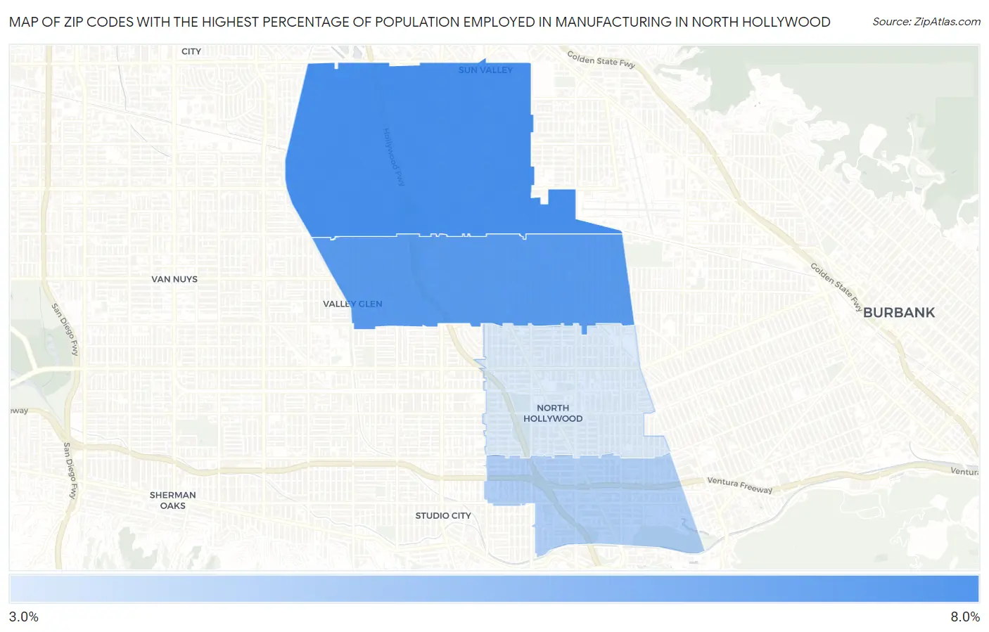 Zip Codes with the Highest Percentage of Population Employed in Manufacturing in North Hollywood Map