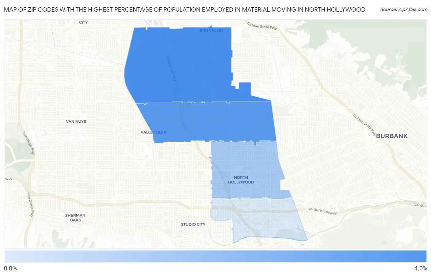 Zip Codes with the Highest Percentage of Population Employed in Material Moving in North Hollywood Map