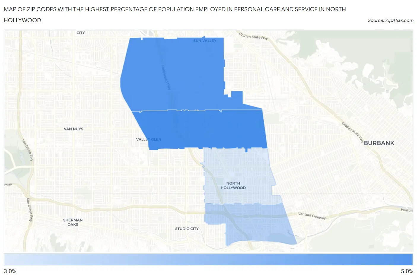 Zip Codes with the Highest Percentage of Population Employed in Personal Care and Service in North Hollywood Map