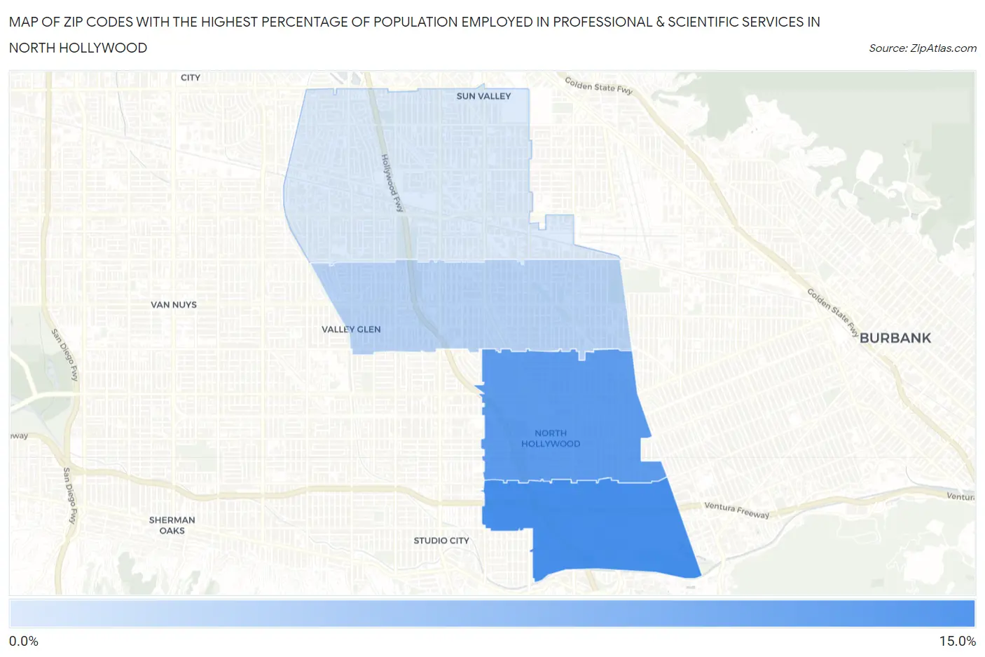Zip Codes with the Highest Percentage of Population Employed in Professional & Scientific Services in North Hollywood Map