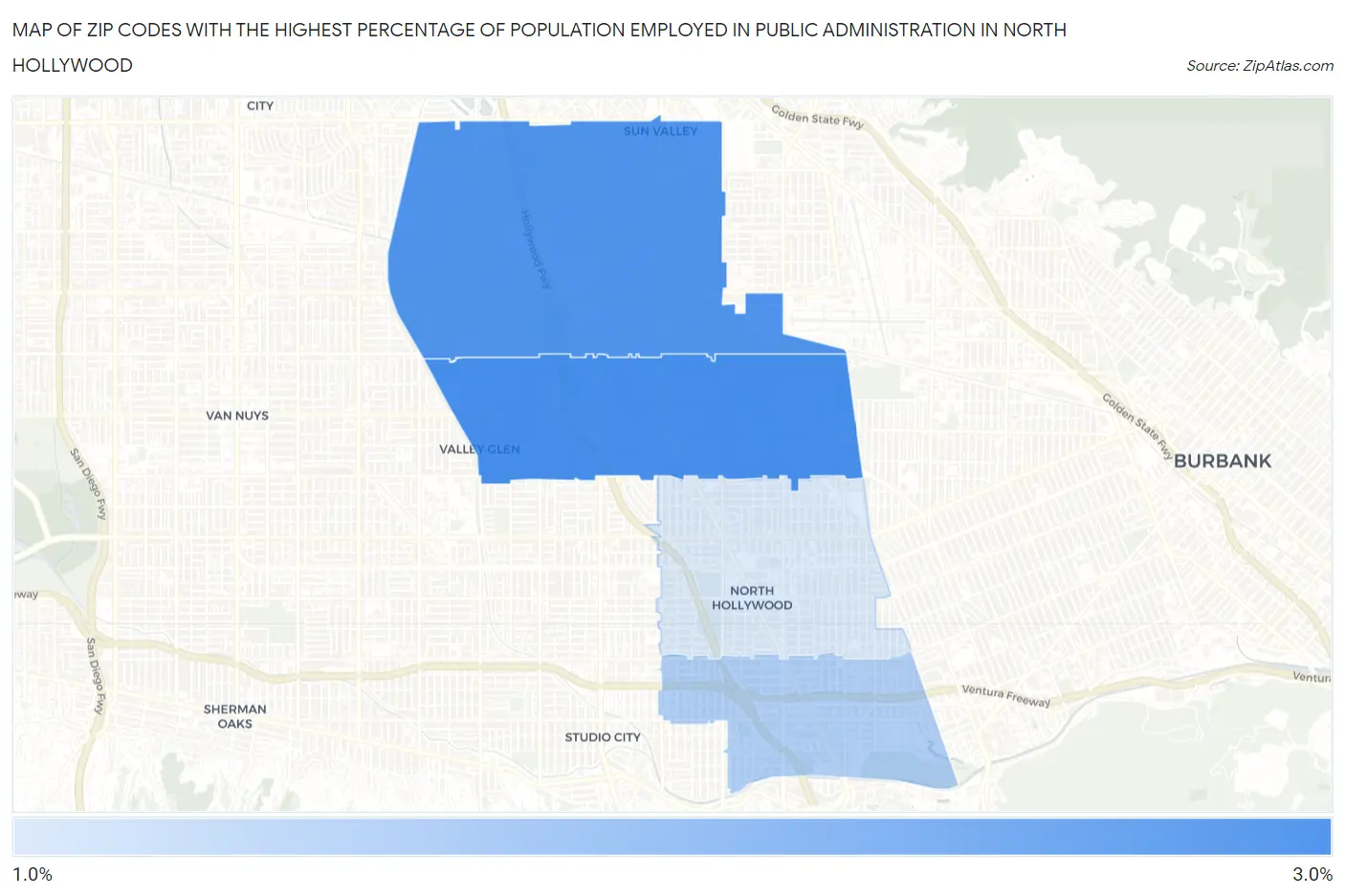 Zip Codes with the Highest Percentage of Population Employed in Public Administration in North Hollywood Map