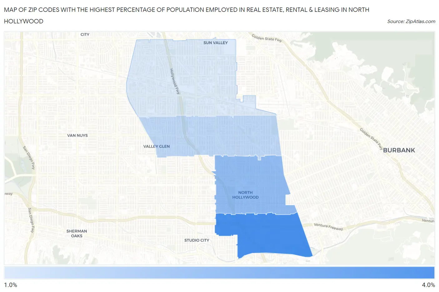 Zip Codes with the Highest Percentage of Population Employed in Real Estate, Rental & Leasing in North Hollywood Map