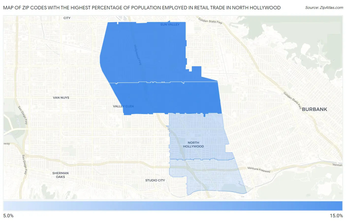 Zip Codes with the Highest Percentage of Population Employed in Retail Trade in North Hollywood Map