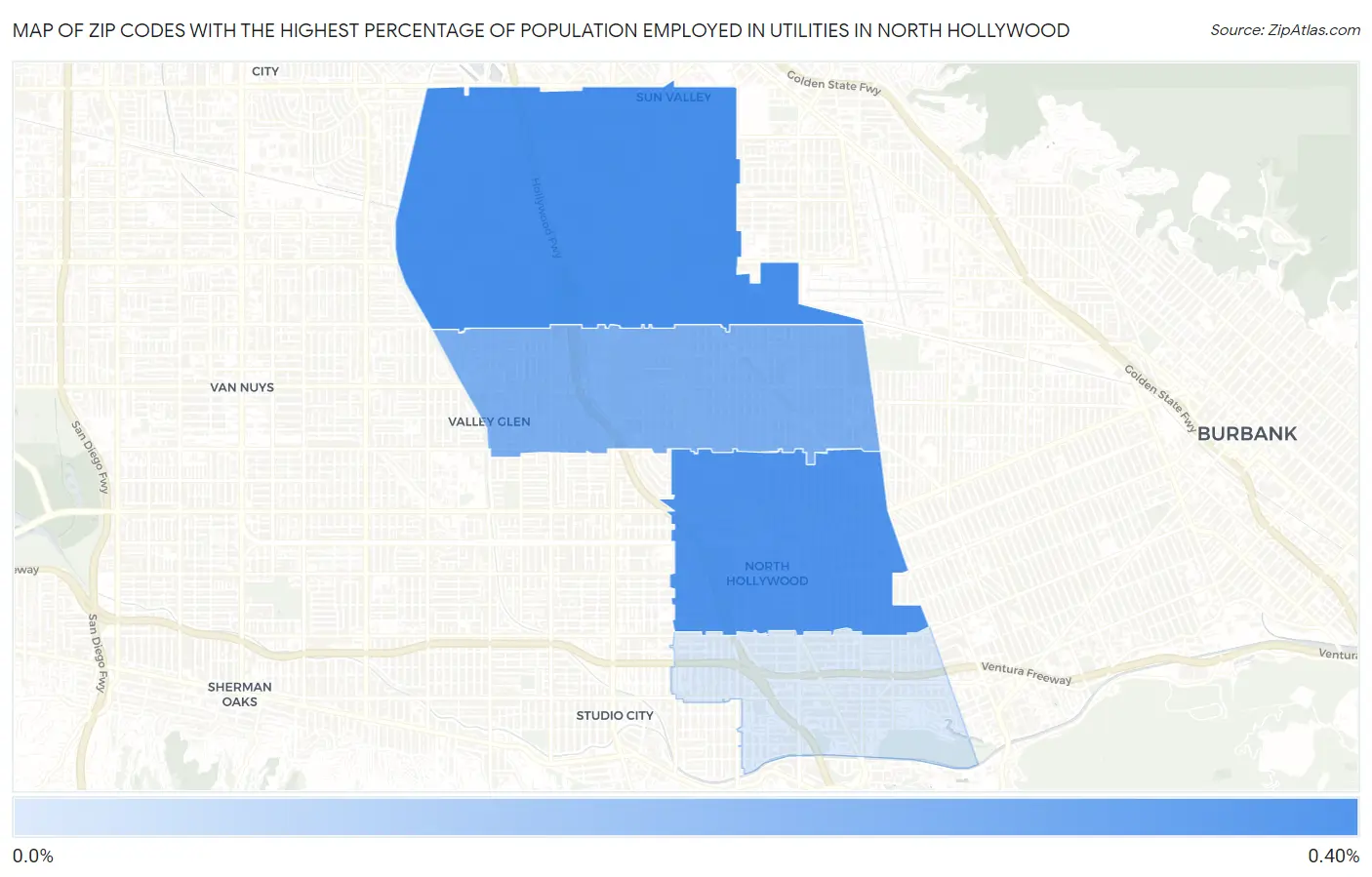 Zip Codes with the Highest Percentage of Population Employed in Utilities in North Hollywood Map