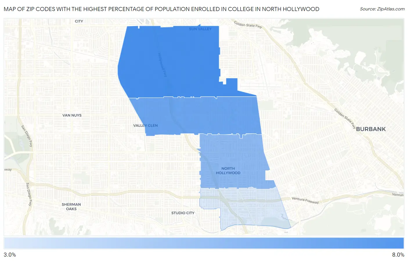 Zip Codes with the Highest Percentage of Population Enrolled in College in North Hollywood Map