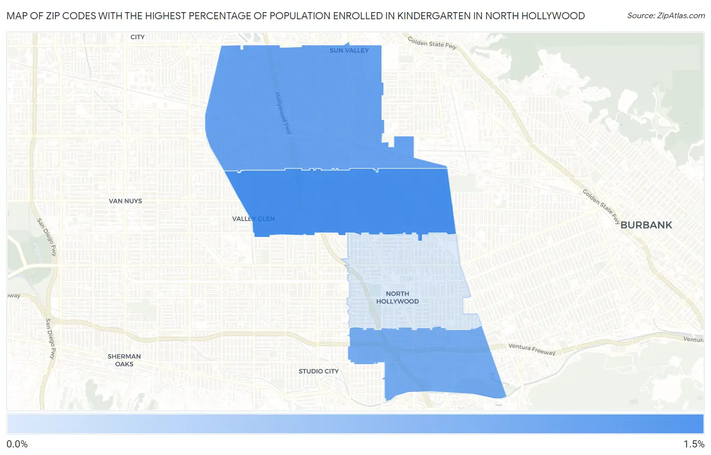Zip Codes with the Highest Percentage of Population Enrolled in Kindergarten in North Hollywood Map