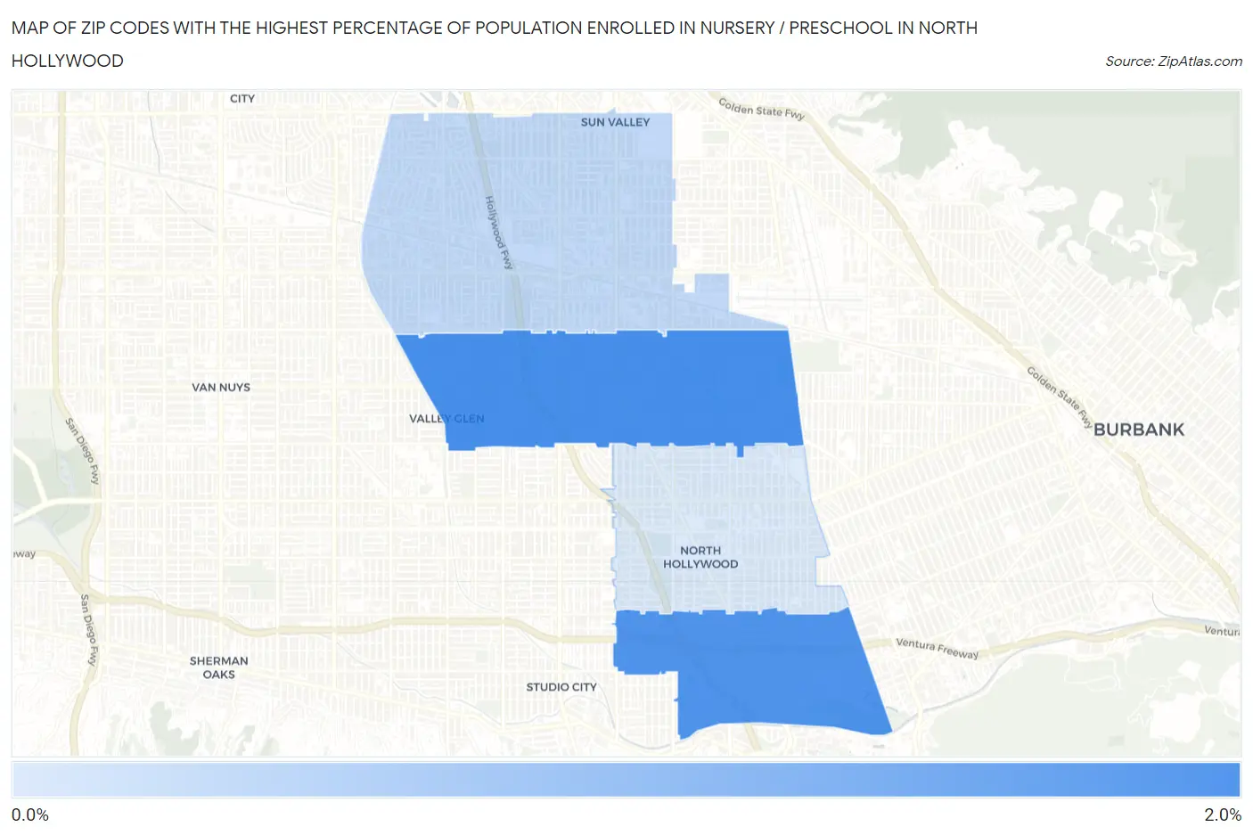 Zip Codes with the Highest Percentage of Population Enrolled in Nursery / Preschool in North Hollywood Map