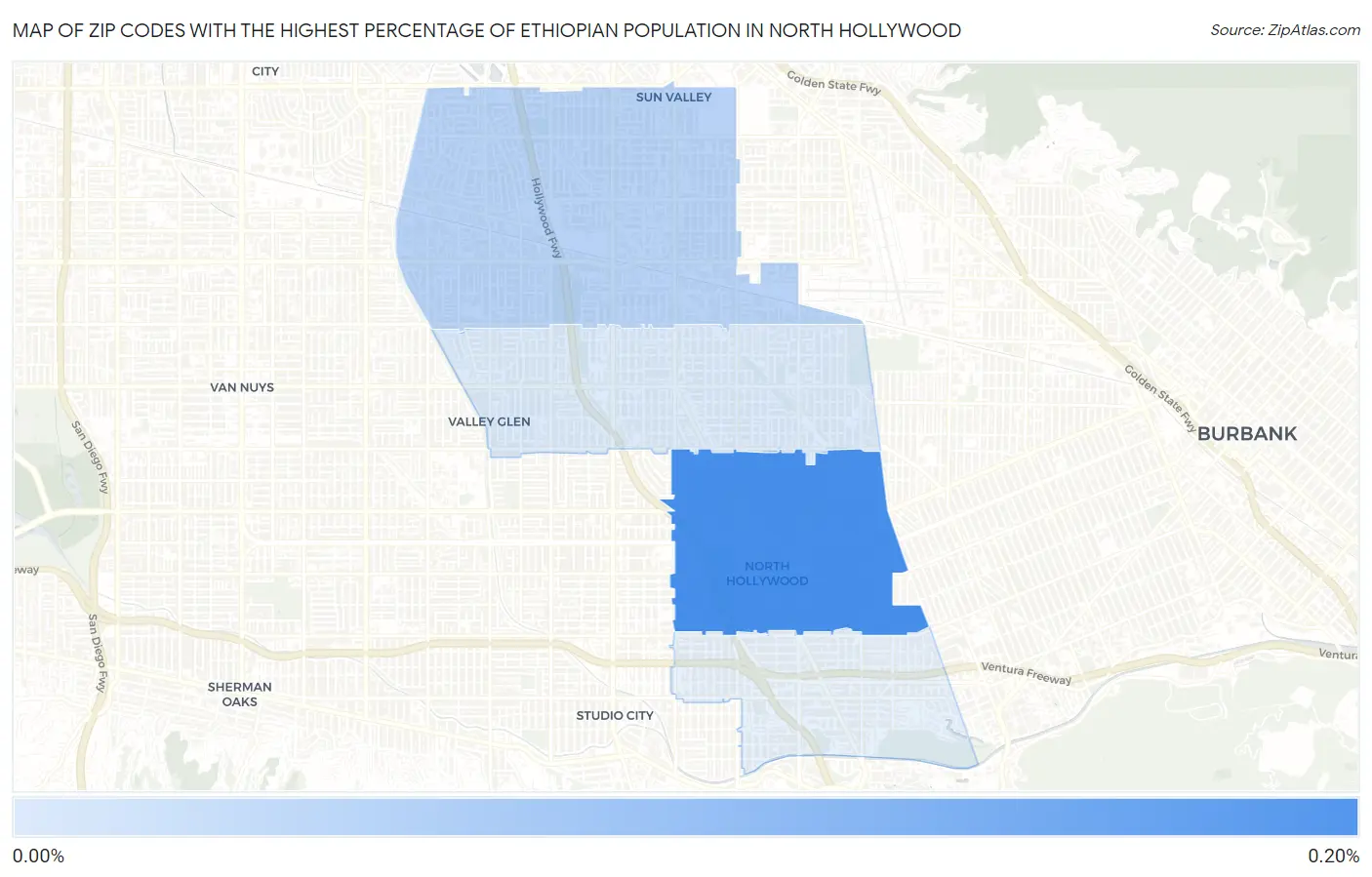 Zip Codes with the Highest Percentage of Ethiopian Population in North Hollywood Map