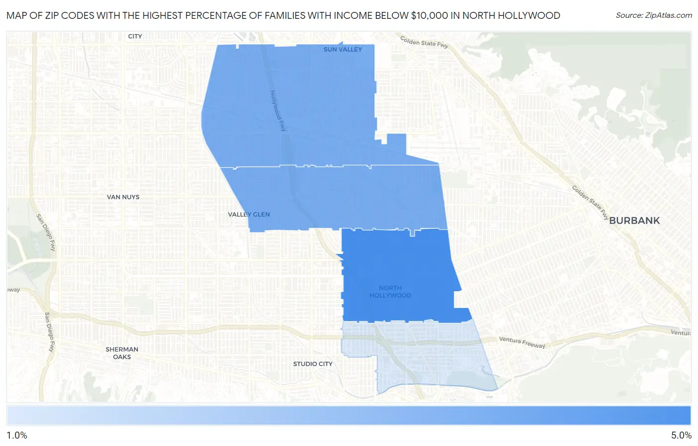Zip Codes with the Highest Percentage of Families with Income Below $10,000 in North Hollywood Map