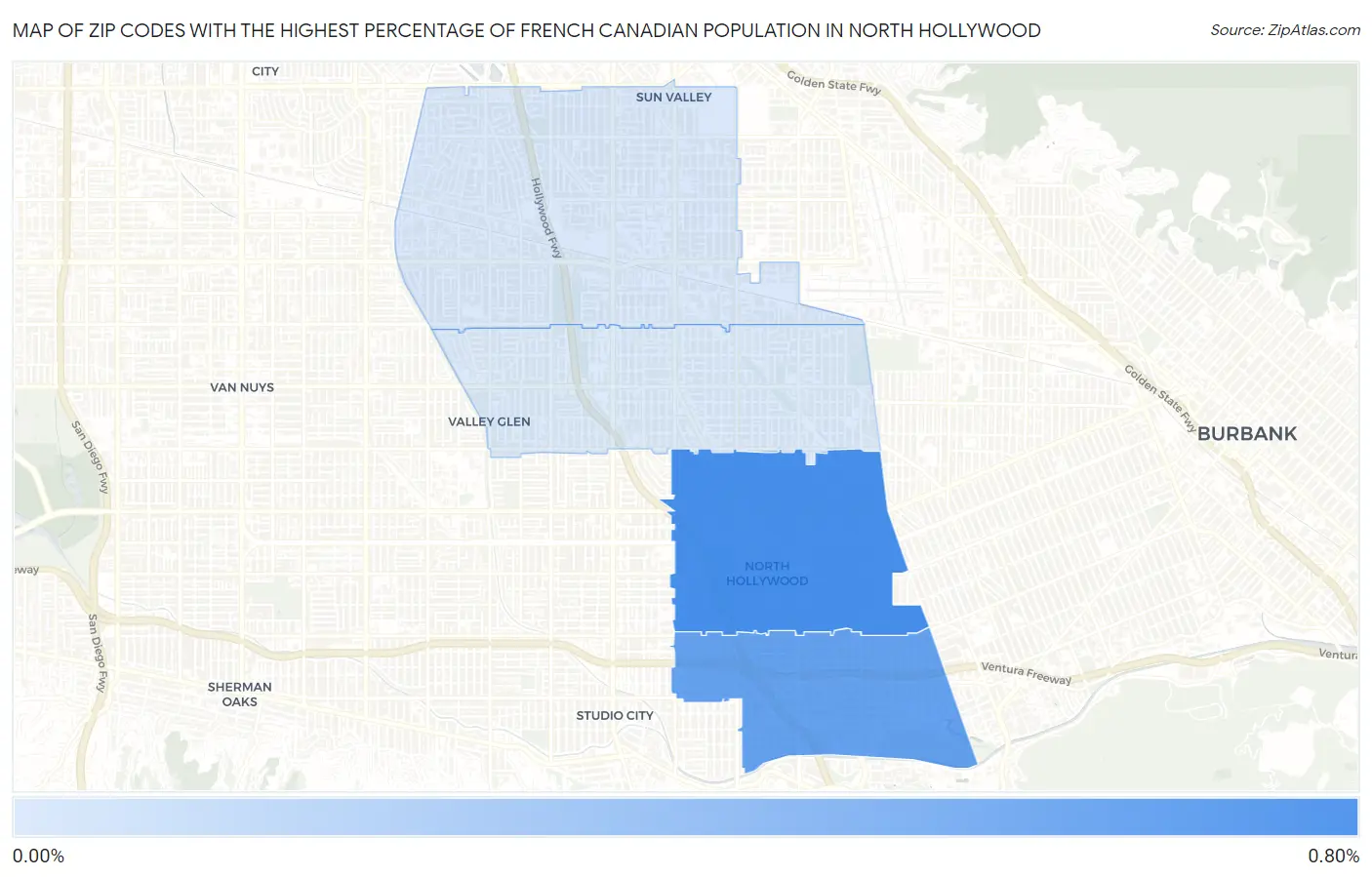Zip Codes with the Highest Percentage of French Canadian Population in North Hollywood Map