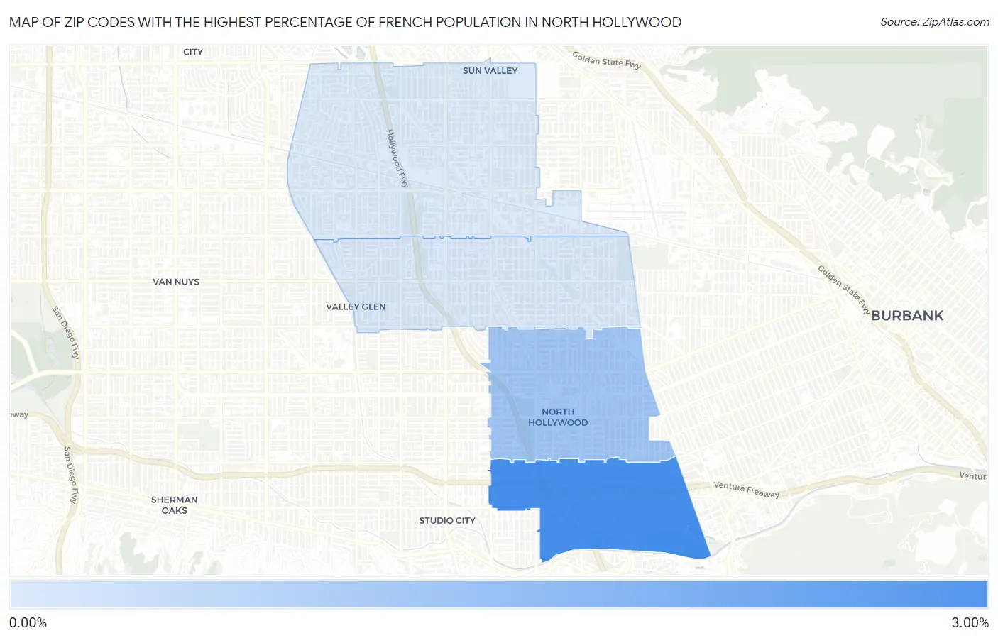Zip Codes with the Highest Percentage of French Population in North Hollywood Map