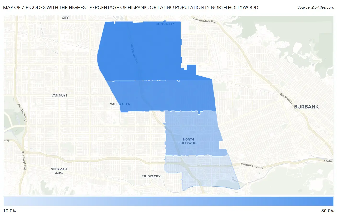 Zip Codes with the Highest Percentage of Hispanic or Latino Population in North Hollywood Map