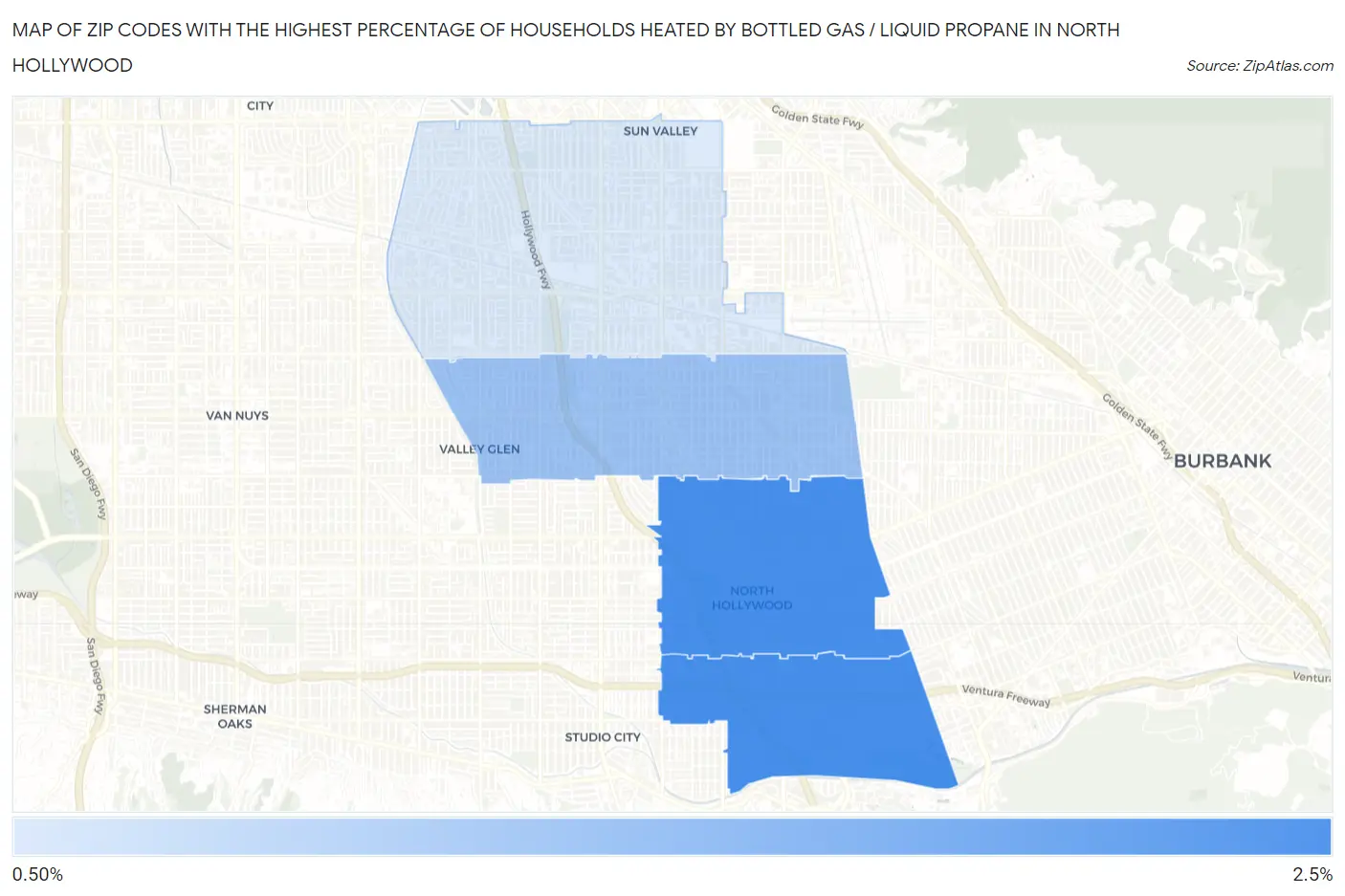 Zip Codes with the Highest Percentage of Households Heated by Bottled Gas / Liquid Propane in North Hollywood Map