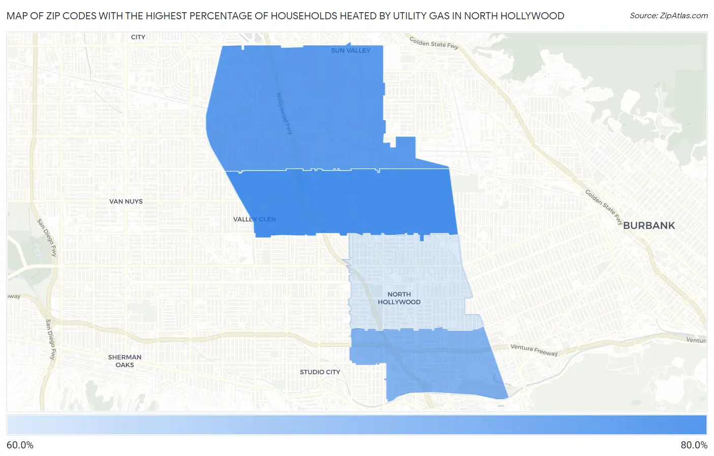 Zip Codes with the Highest Percentage of Households Heated by Utility Gas in North Hollywood Map