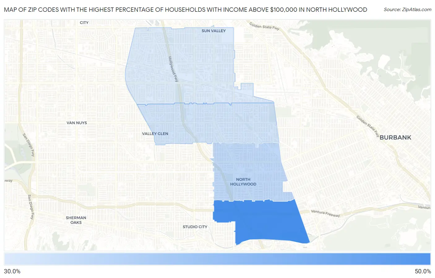 Zip Codes with the Highest Percentage of Households with Income Above $100,000 in North Hollywood Map