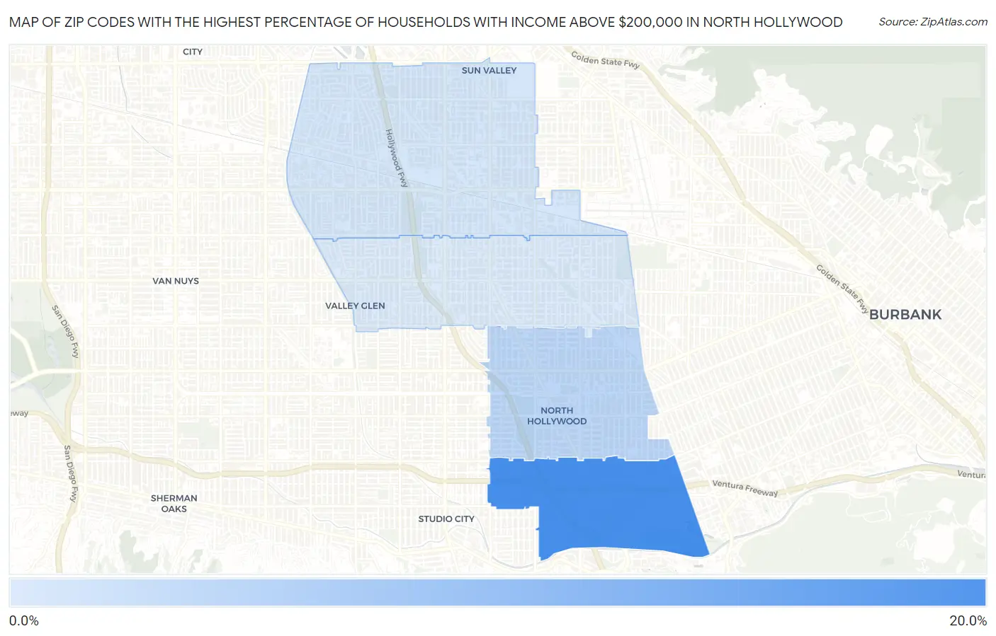 Zip Codes with the Highest Percentage of Households with Income Above $200,000 in North Hollywood Map