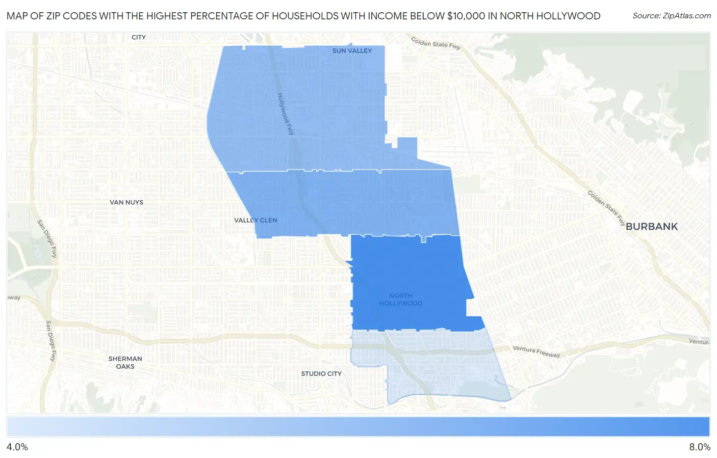 Zip Codes with the Highest Percentage of Households with Income Below $10,000 in North Hollywood Map