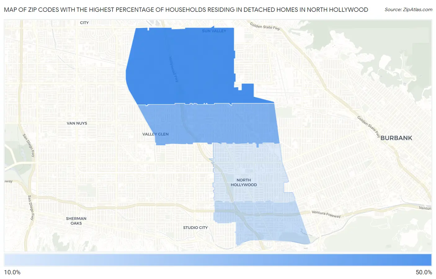 Zip Codes with the Highest Percentage of Households Residing in Detached Homes in North Hollywood Map