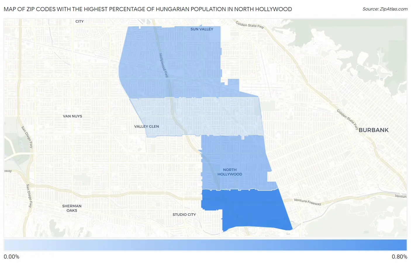 Zip Codes with the Highest Percentage of Hungarian Population in North Hollywood Map