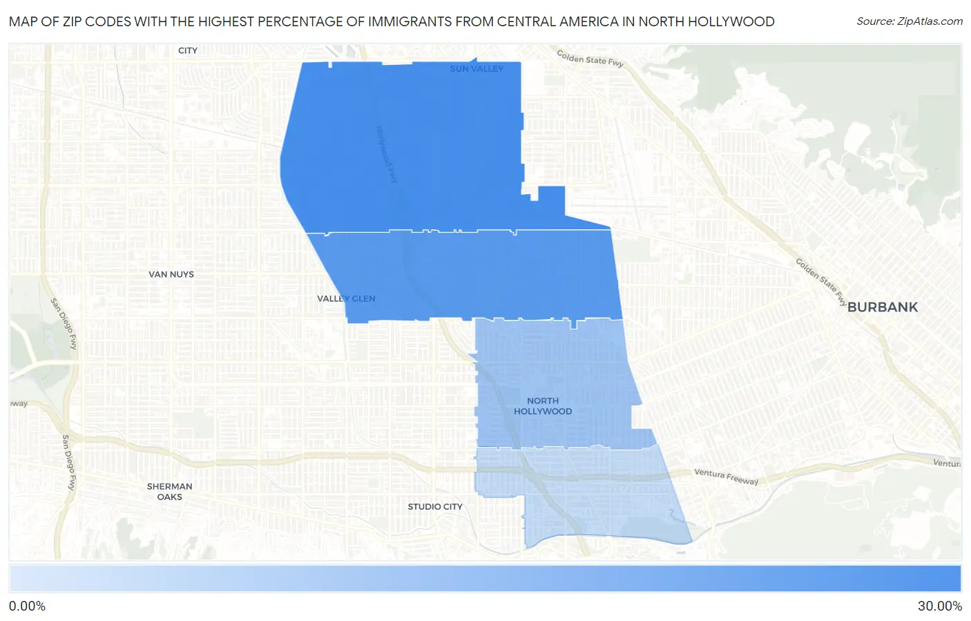 Zip Codes with the Highest Percentage of Immigrants from Central America in North Hollywood Map