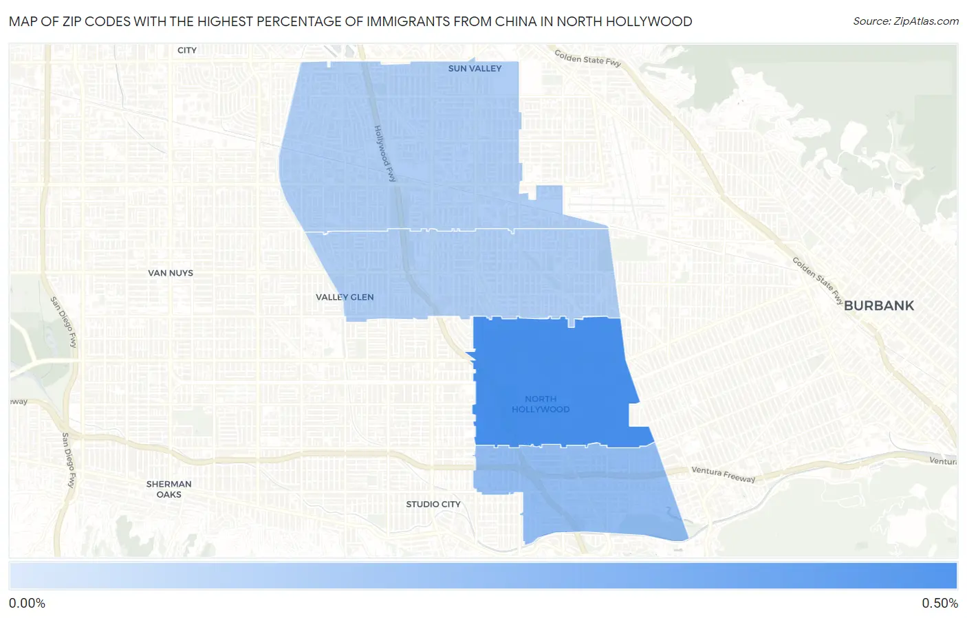 Zip Codes with the Highest Percentage of Immigrants from China in North Hollywood Map