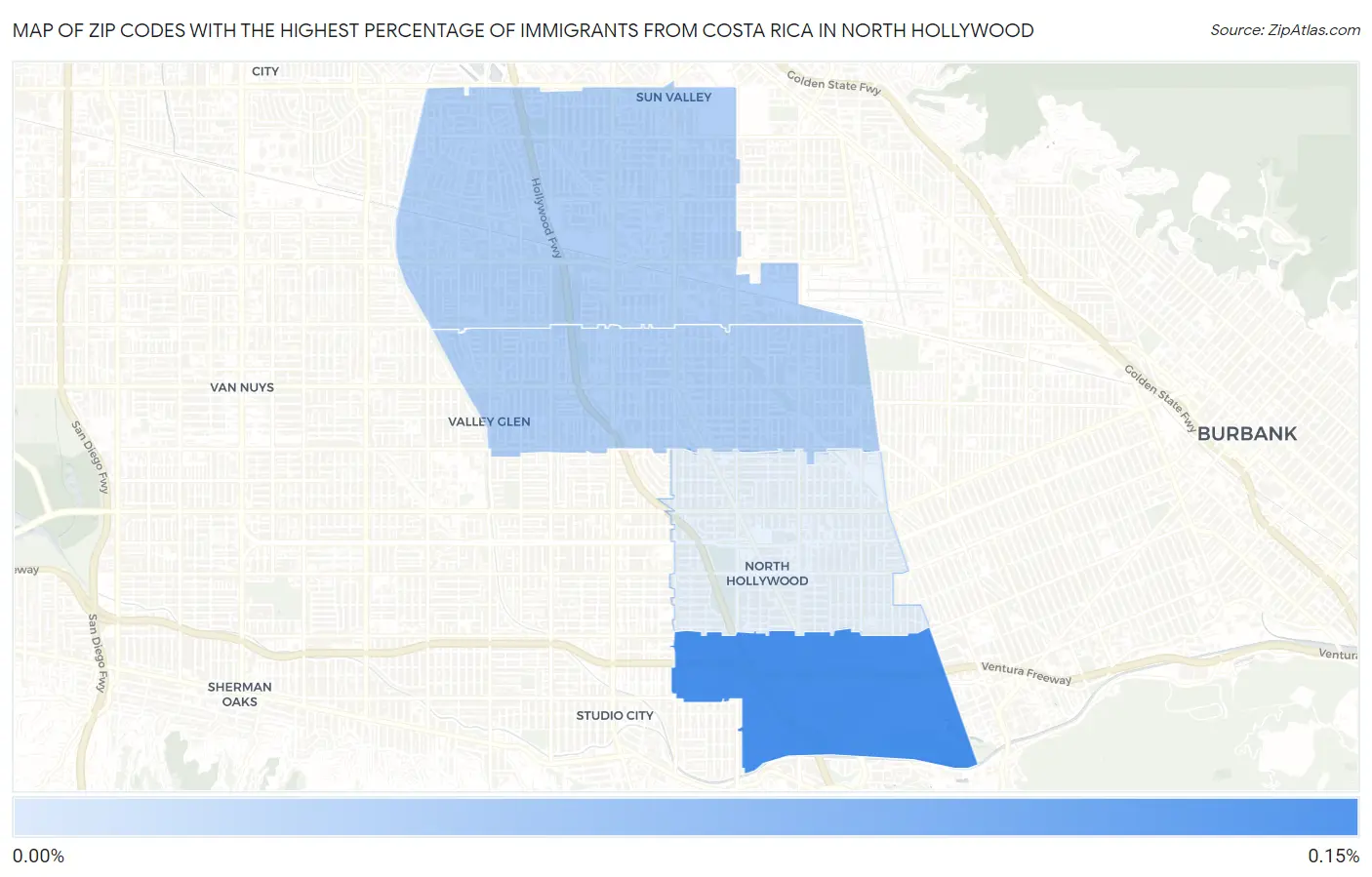 Zip Codes with the Highest Percentage of Immigrants from Costa Rica in North Hollywood Map