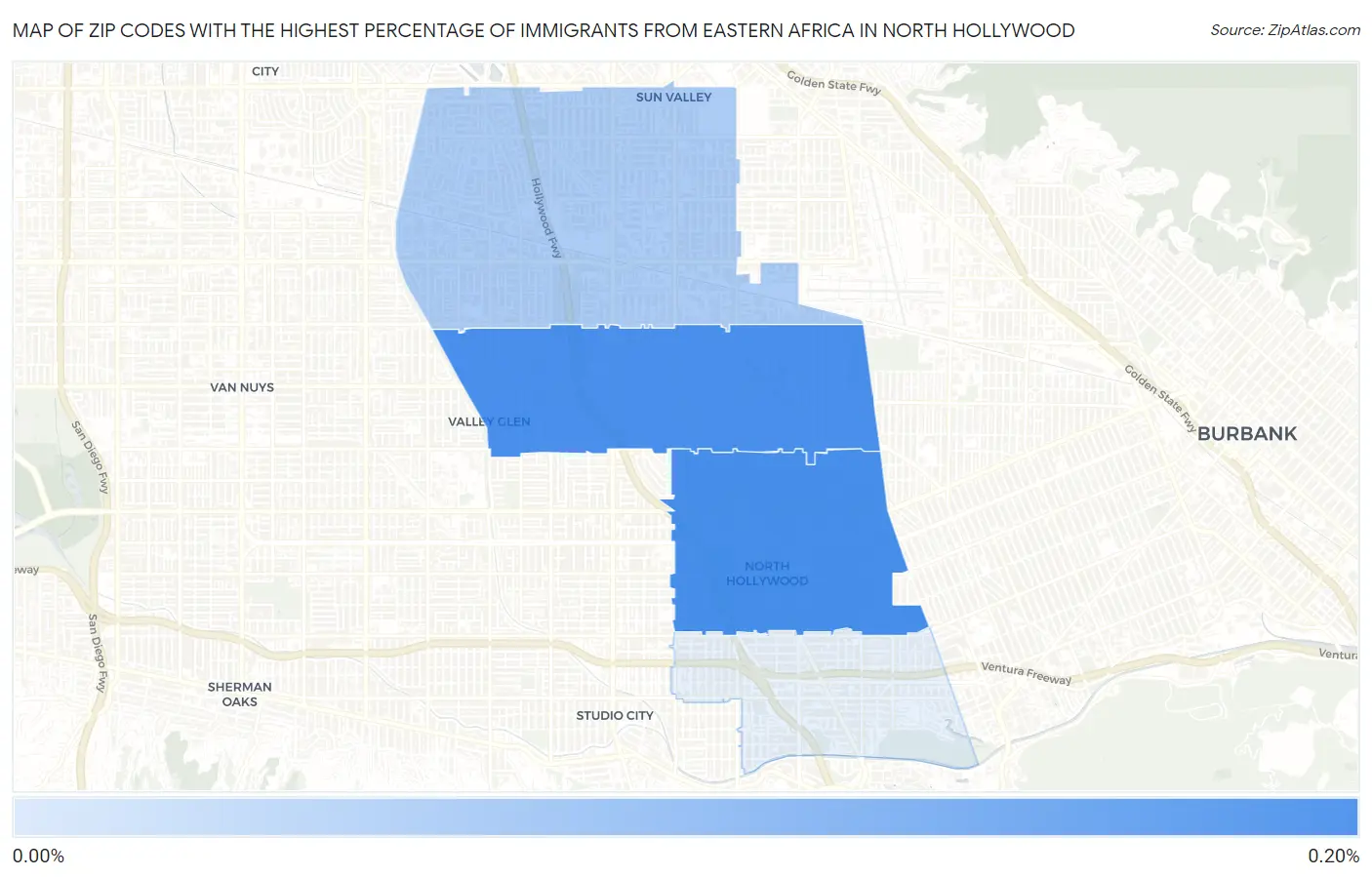 Zip Codes with the Highest Percentage of Immigrants from Eastern Africa in North Hollywood Map