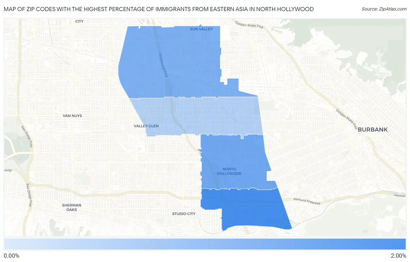 Zip Codes with the Highest Percentage of Immigrants from Eastern Asia in North Hollywood Map
