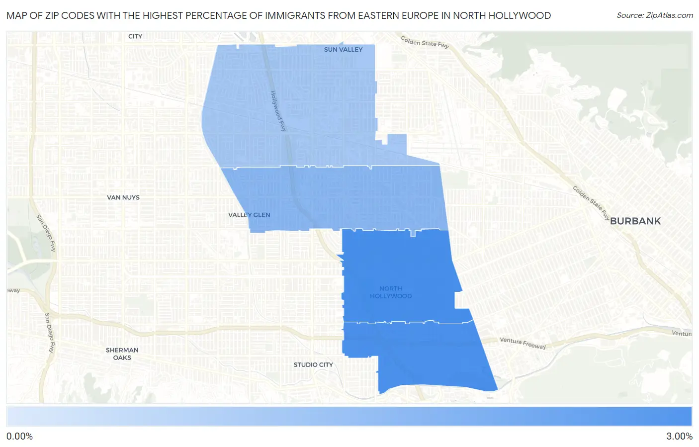 Zip Codes with the Highest Percentage of Immigrants from Eastern Europe in North Hollywood Map