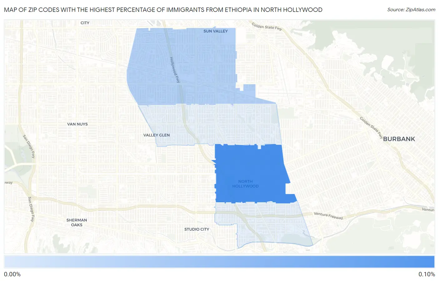 Zip Codes with the Highest Percentage of Immigrants from Ethiopia in North Hollywood Map