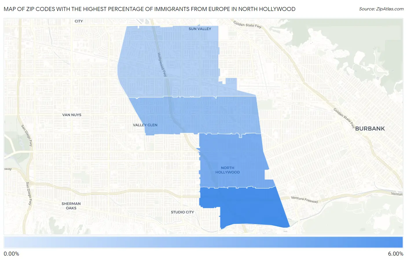 Zip Codes with the Highest Percentage of Immigrants from Europe in North Hollywood Map