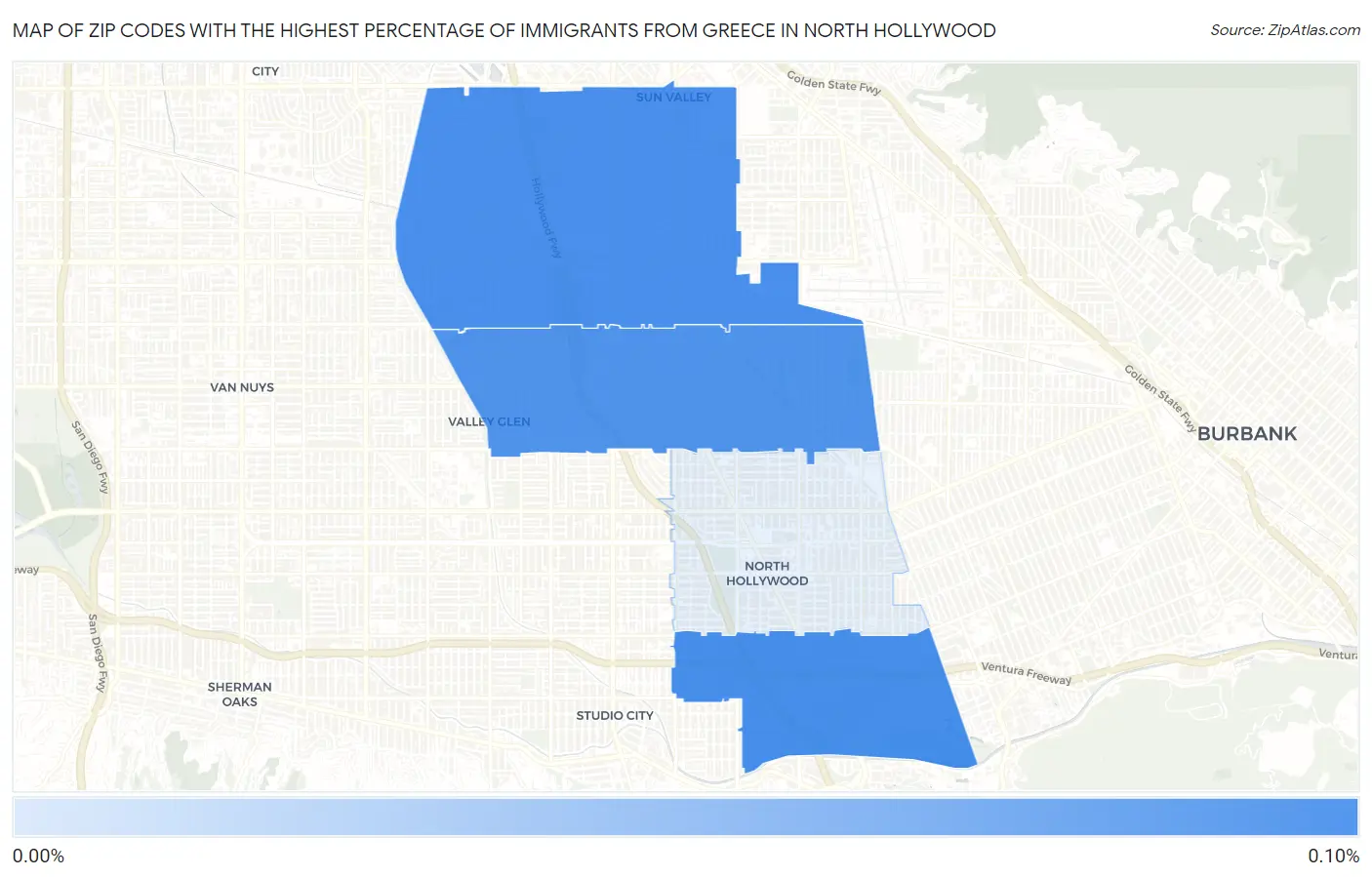 Zip Codes with the Highest Percentage of Immigrants from Greece in North Hollywood Map