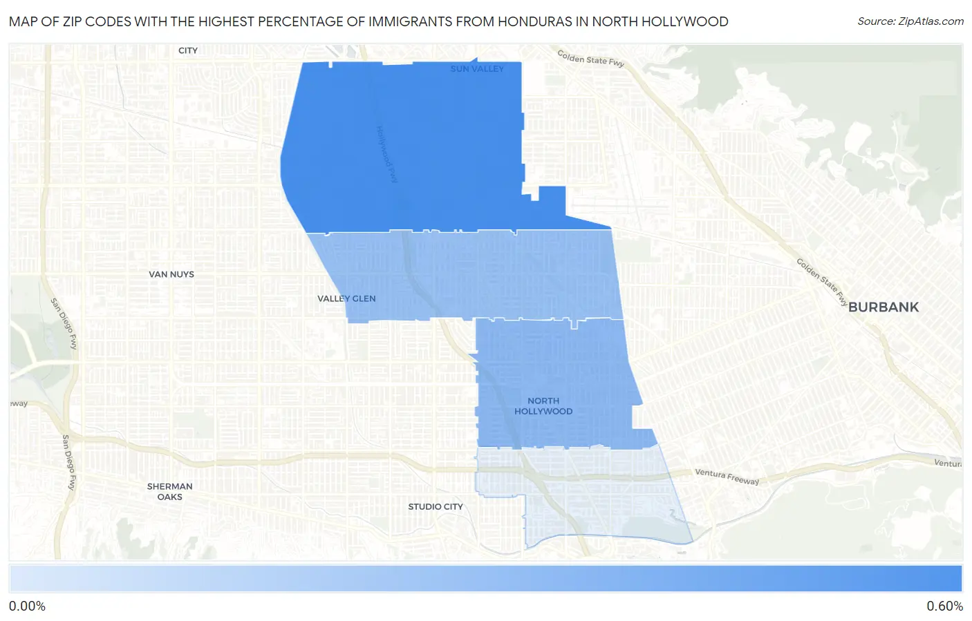 Zip Codes with the Highest Percentage of Immigrants from Honduras in North Hollywood Map