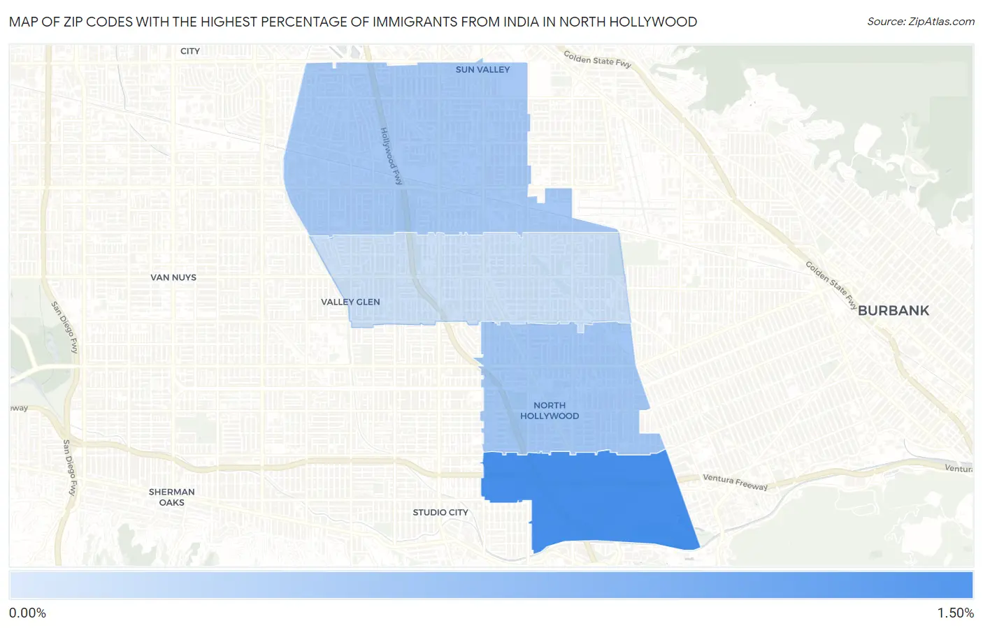 Zip Codes with the Highest Percentage of Immigrants from India in North Hollywood Map