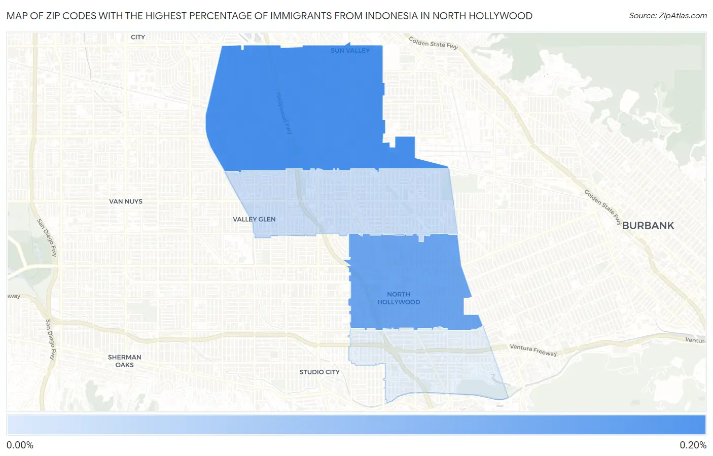 Zip Codes with the Highest Percentage of Immigrants from Indonesia in North Hollywood Map