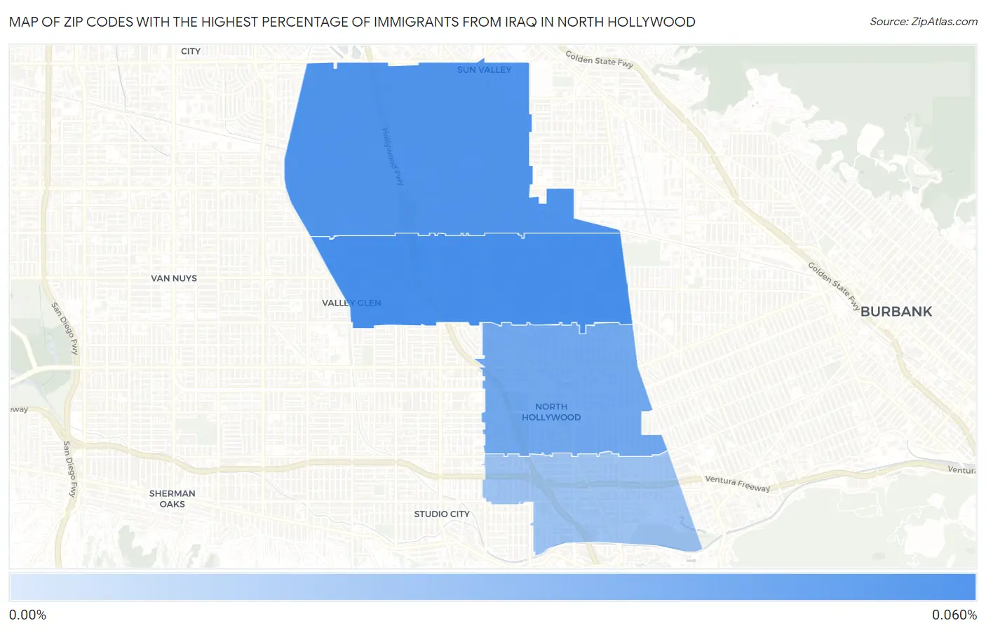 Zip Codes with the Highest Percentage of Immigrants from Iraq in North Hollywood Map