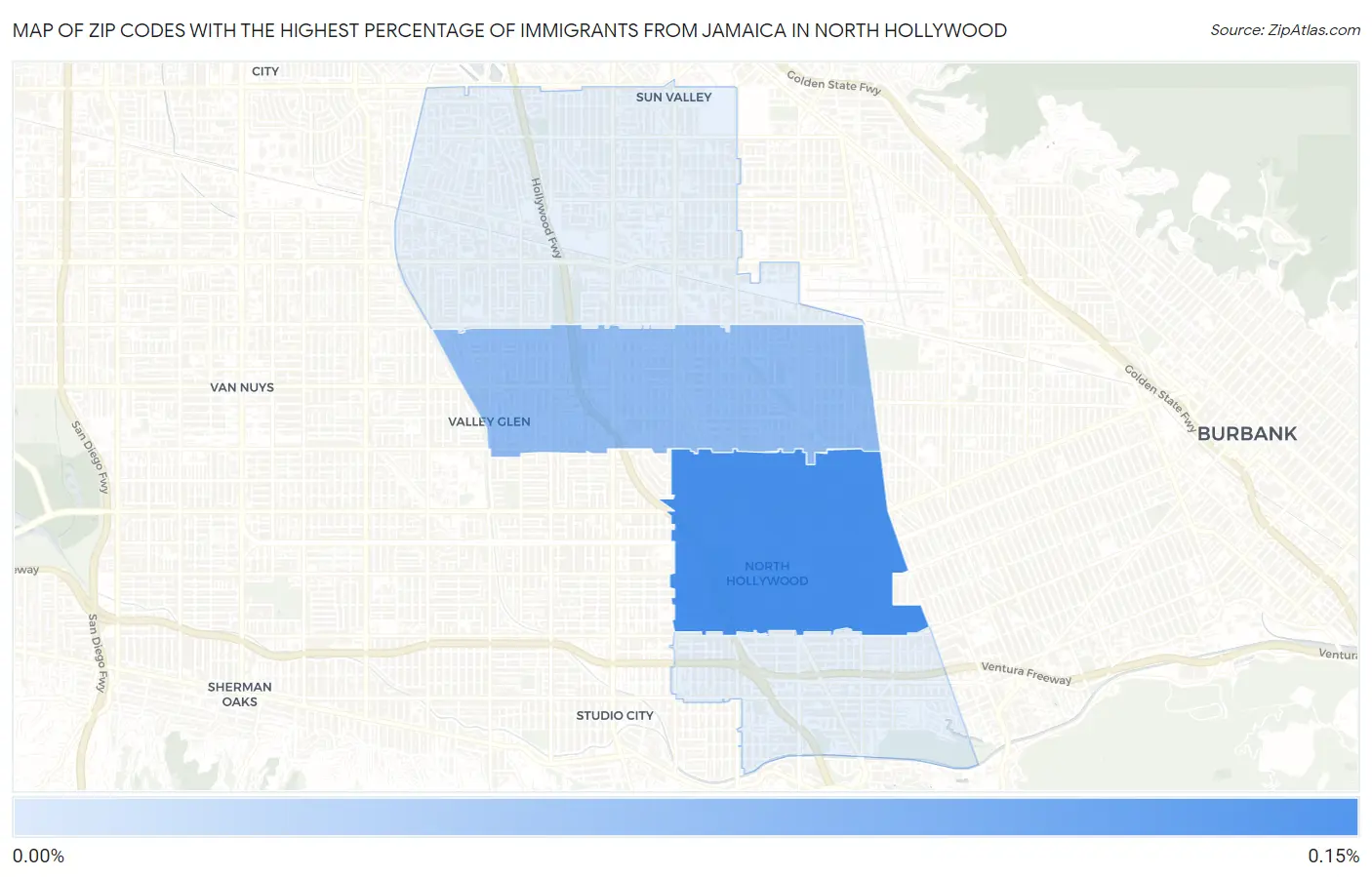 Zip Codes with the Highest Percentage of Immigrants from Jamaica in North Hollywood Map