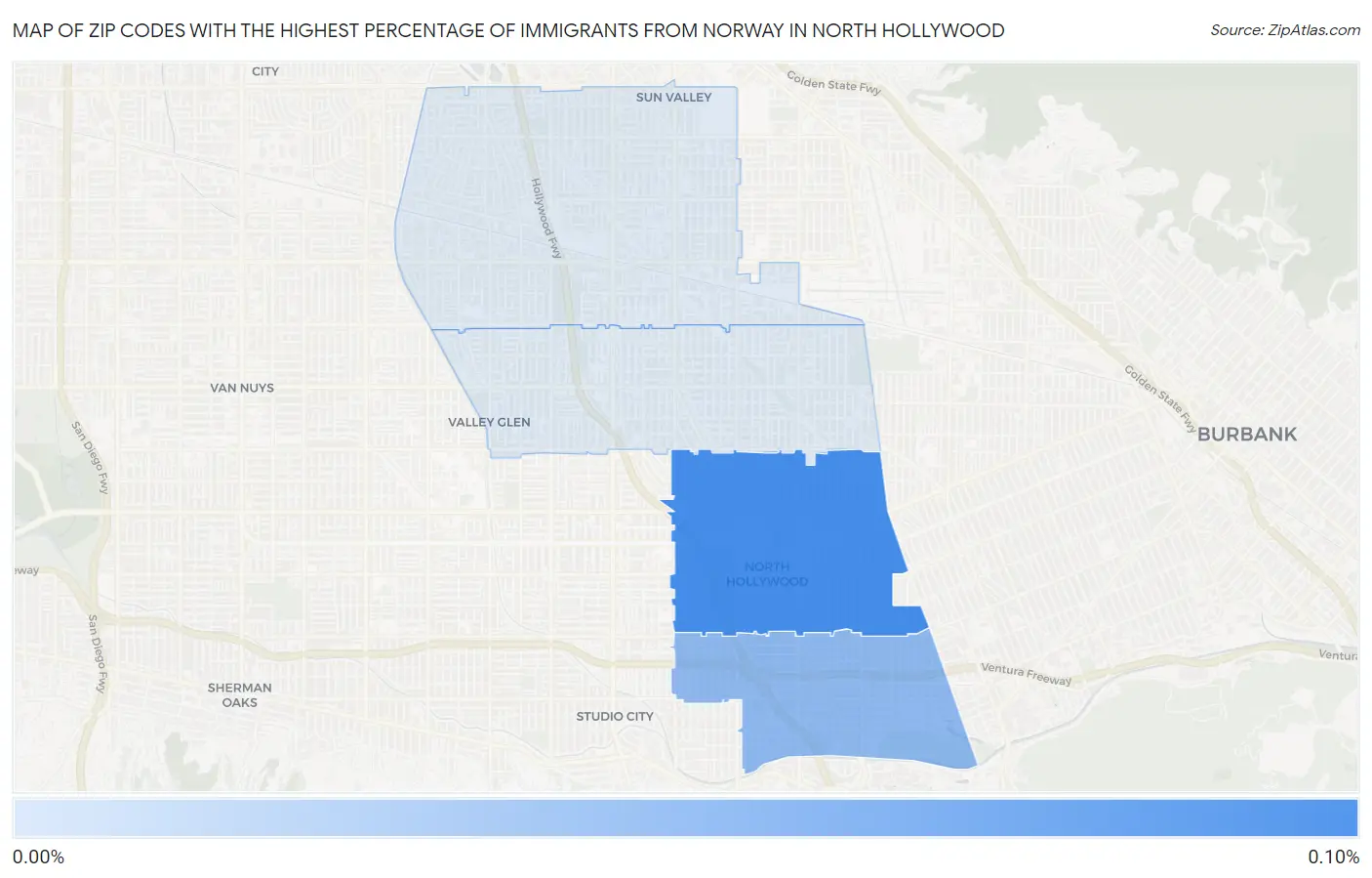 Zip Codes with the Highest Percentage of Immigrants from Norway in North Hollywood Map