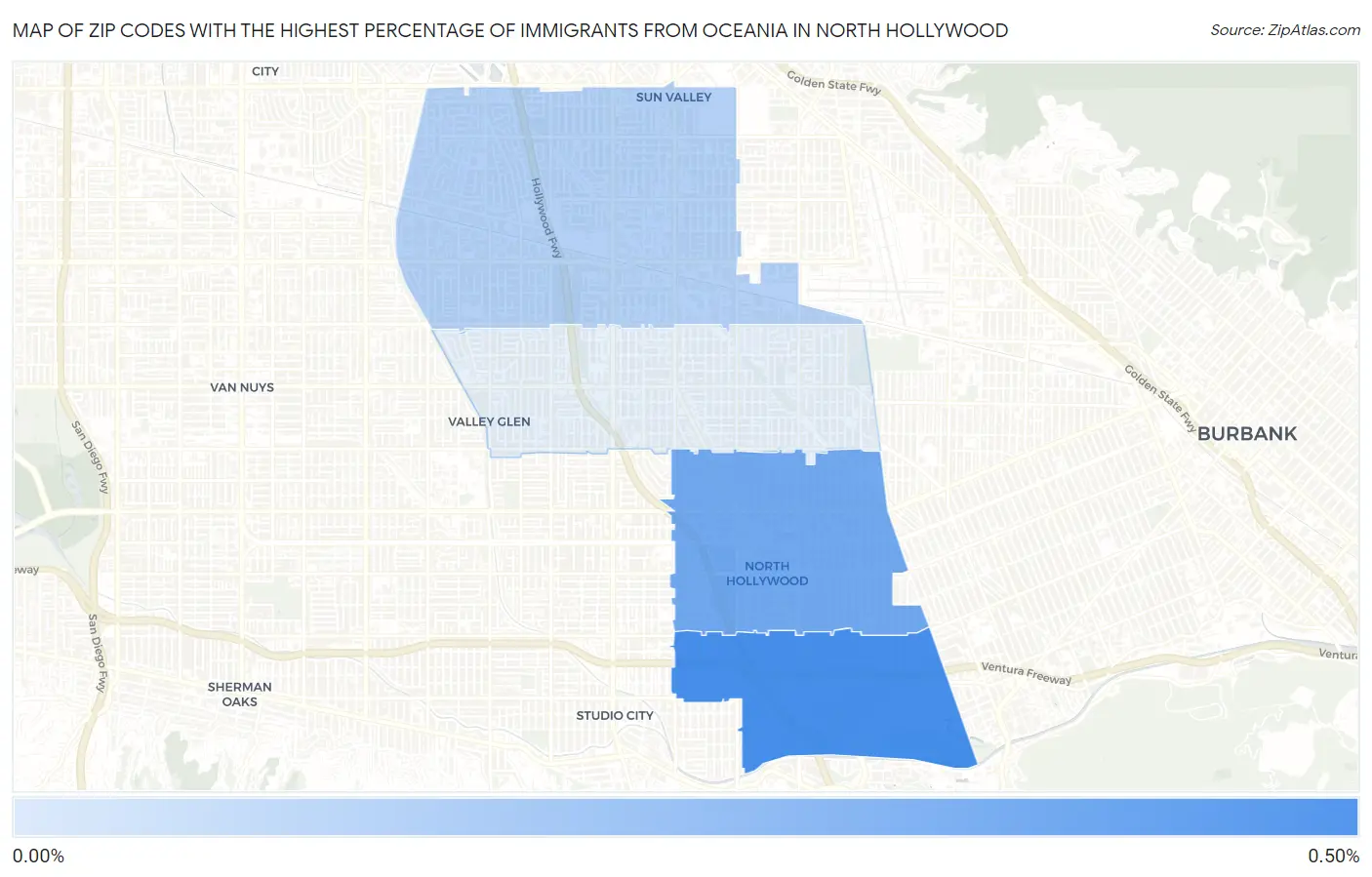 Zip Codes with the Highest Percentage of Immigrants from Oceania in North Hollywood Map