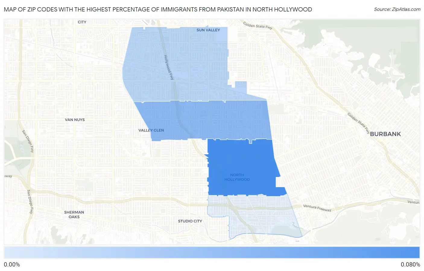 Zip Codes with the Highest Percentage of Immigrants from Pakistan in North Hollywood Map
